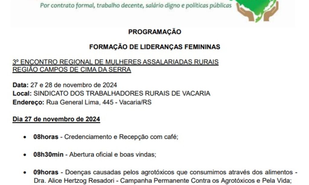 FETAR RS REALIZA 3º ENCONTRO REGIONAL DE MULHERES ASSALARIADAS RURAIS REGIÃO CAMPOS DE CIMA DA SERRA